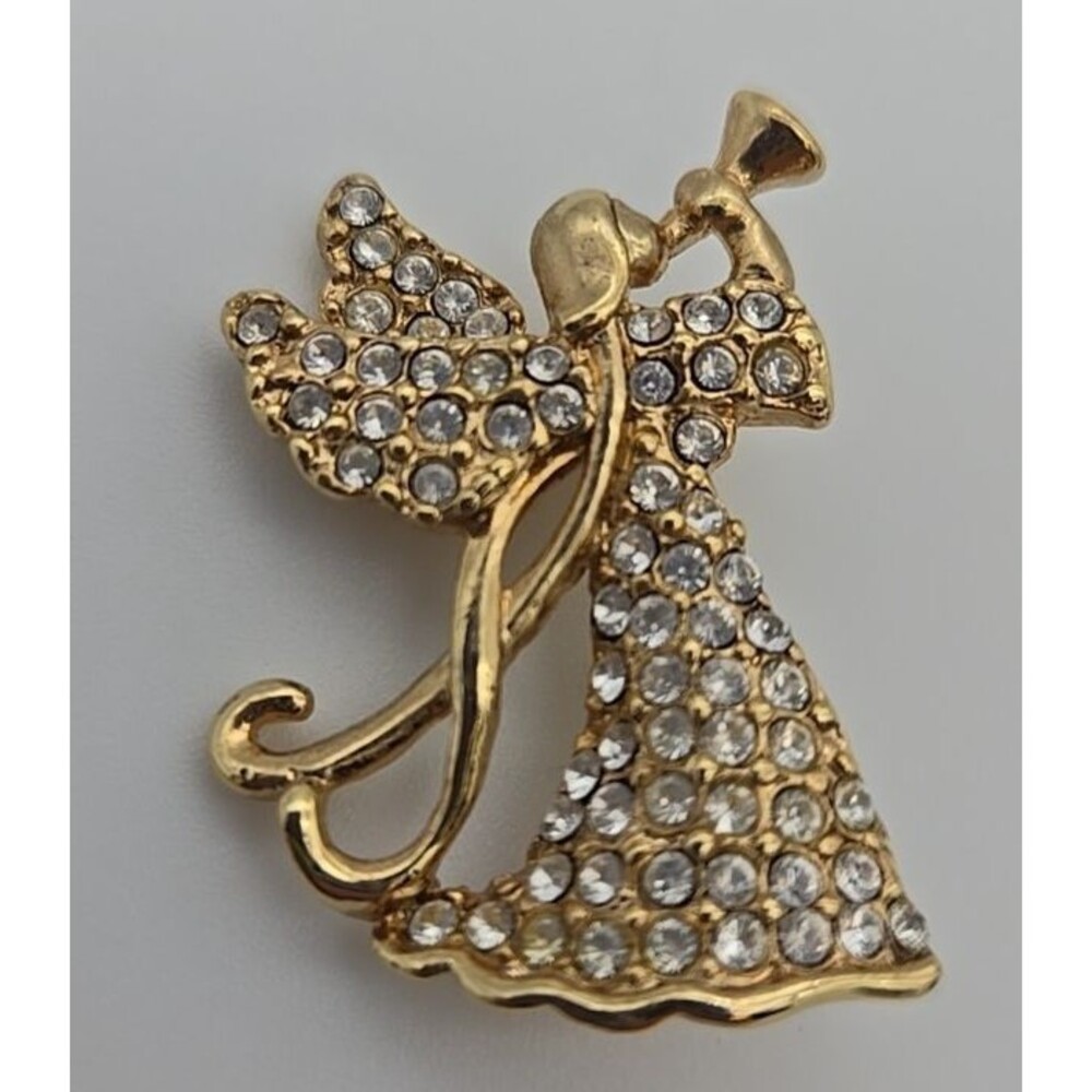 Monet Brooch‎ Angel Rhinestone Pave Pin Figural Trumpet Christmas Jewelry Signed